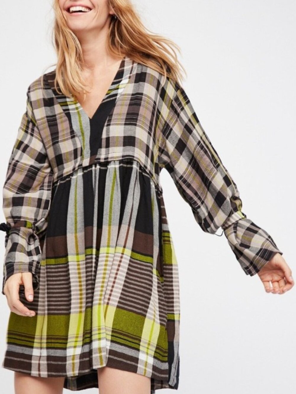 Free People Oversize v-neck plaid flowy long Sleeve Dress - Small Petite S/P
